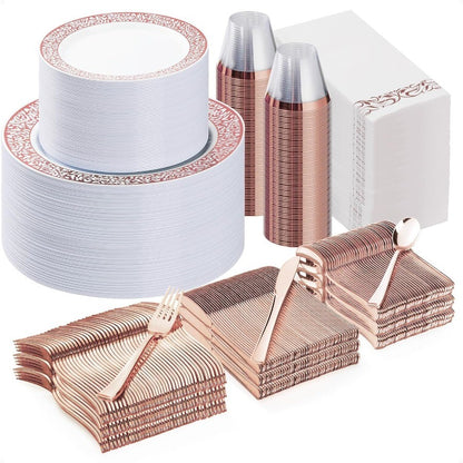 700 Peças de Utensílios de Mesa de Plástico Ouro Rosé para 100 Convidados, Pratos Descartáveis para Festa de Casamento Incluindo 100 Pratos de Jantar Rosé 100 D