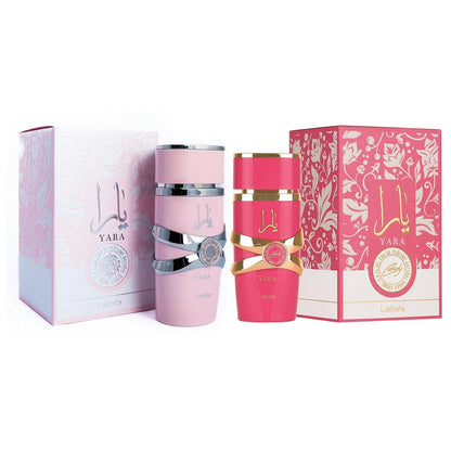 Lattafa Yara Kit 2 Peças Eau de Parfum Femmen Spray 100ml Perfumes Árabes Originais Duradouro Floral Feromônios Perfume Maquiagem 3.4 Oz