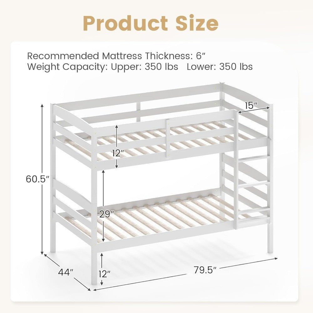 Bunk Bed Twin Over Twin, Solid Wood Detachable Bed Frame with High Guardrails & Integrated Ladder, Wooden Slatted B