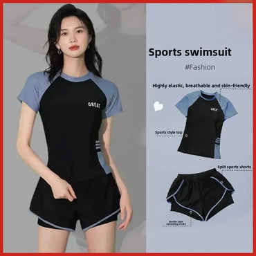 Sporty Two-Piece Swimsuit Short Sleeve plus Size Concealing Conservative Flat Footwear for Hot Springs Swimming Costume
