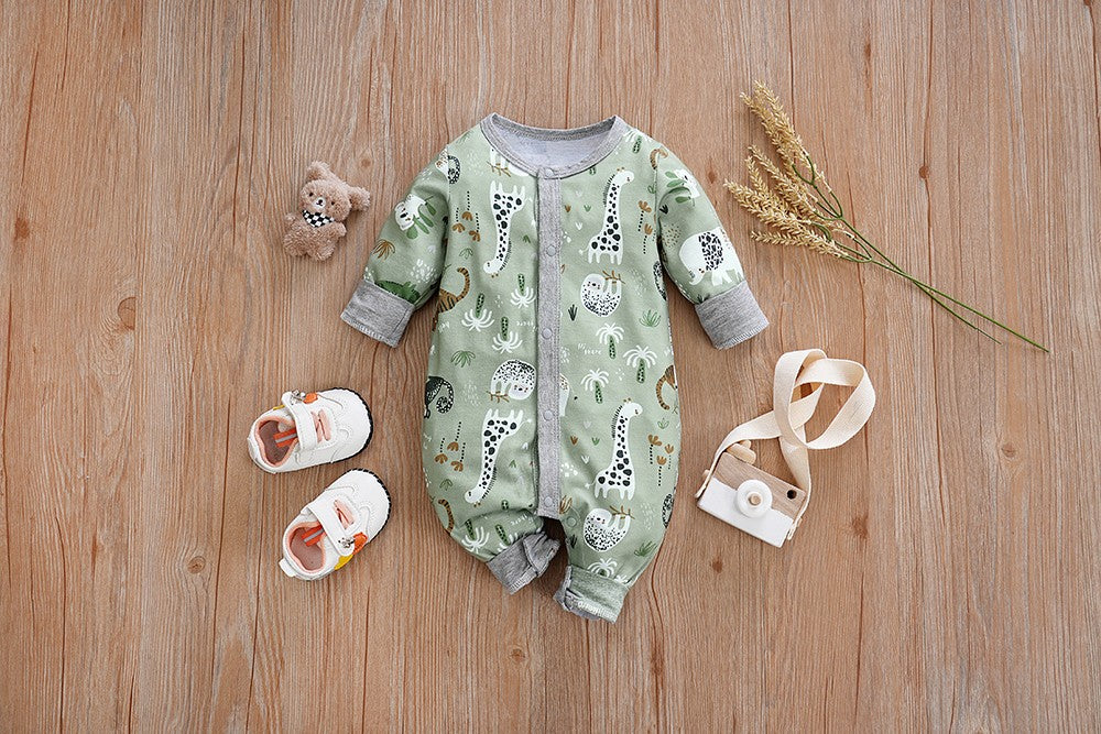 IURNXB Baby Jumpsuit Long Sleeve Boy Cute Newborn Outfit Cartoon Animal Allover Print Cardigan Infant Romper Spring Autumn 0-18M