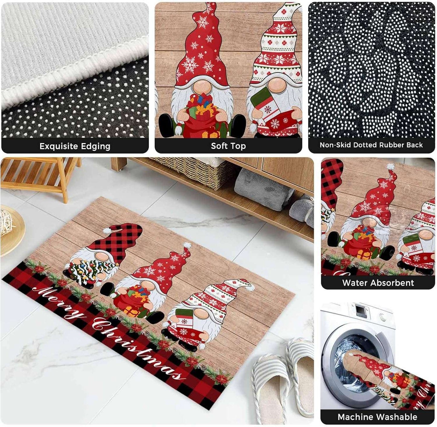 VIKAMA Christmas Gnome Doormat Winter Dwarf Front Door Mat Non-Slip Washable Entryway Rug Holiday Home Decor