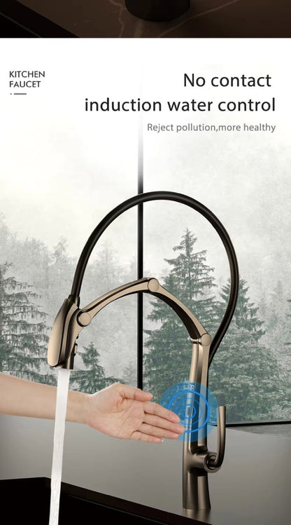 Luxury Gunmetal Brass Kitchen Faucet with LED Display,Sensor&Pull-Out 3-Function Spray,Touchless High Pressure Water-Saving Tap