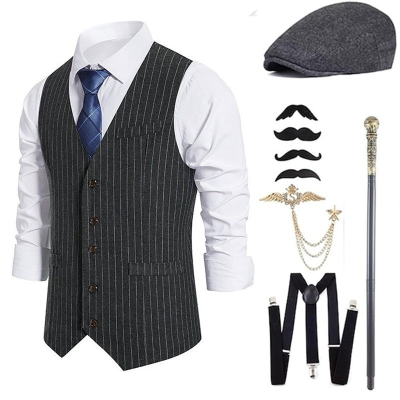 Mens 1920s Costume Mafia Gangster Carnival Costume Peaky Blinders, 20 Piece Accessory Set with Vest and Suspenders Pocket Watch