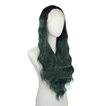 Ombre Verde Escuro Ondulado Perucas Sintéticas Raízes Escuras Cosplay Peruca Verde Renda Frente 13x4 Para Mulheres Pré-Arrancada Linha do Cabelo Natural