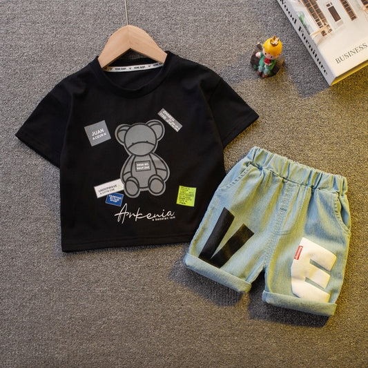 Conjuntos de Roupa Infantil Masculina de Algodão, Versão Coreana, Camisa de Manga Curta para Crianças Pequenas, Roupa de Verão