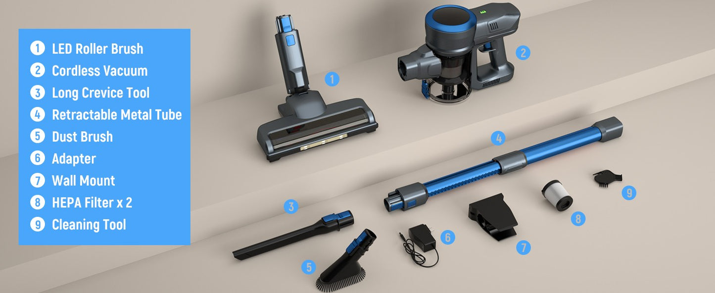 Fabuletta Cordless Vacuum Cleaner, 24Kpa Powerful Suction Stick Vacuum Cleaner With 250W Brushless Motor, LED Display