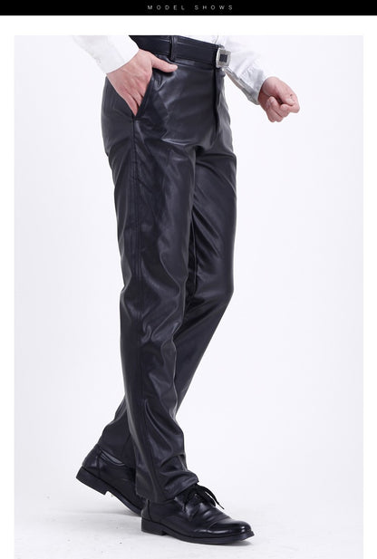 Men's Leather Pants Straight Fit Elastic PU Leather Trousers Motorcycle Pants Thin