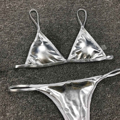 Women Sexy Thong Bikini Set Silver Gold Sequinis Biquini Swimwear 2025 Summer Push Up Padded Bra Bathing Suit Beach Wear