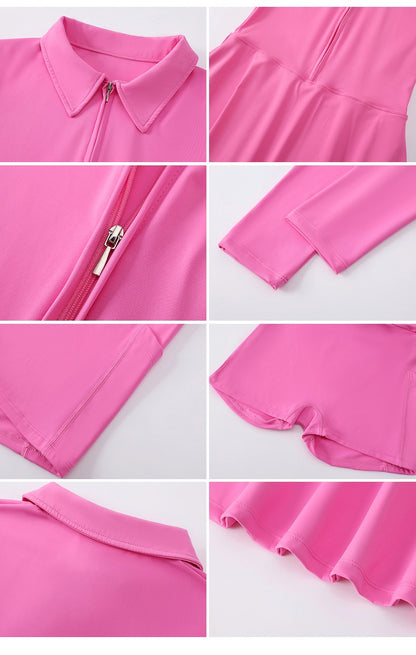 Yoga Long Sleeved Dress Women's Long Sleeved Zipper Skirt Breathable Gym Outdoor Running Yoga Tennis Skirt Quick-Dry Tracksuits.