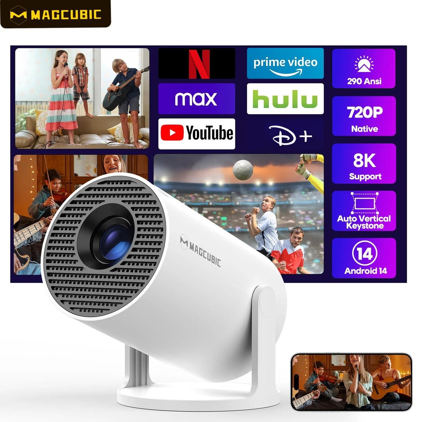 Magcubic 8K Android 14 Portable Projector 8000 Lumens WiFi 6 BT5.4 Outdoor Theater 5W HiFi Speaker 720P HD Supported HY300 Pro+