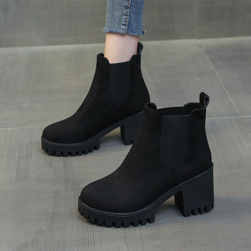 Autumn Women Suede Ankle Boots Fashion Metal Decoration Slimming Short Booties Autumn Winter Female Thick Heel Shoes D114