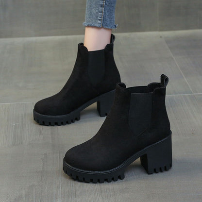 Autumn Women Suede Ankle Boots Fashion Metal Decoration Slimming Short Booties Autumn Winter Female Thick Heel Shoes D114