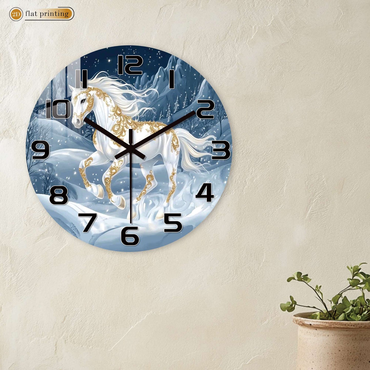 White Horse Snowy Landscape Wall Clock, Golden Ornamental Winter Scene, Festive Dreamy Unicorn-Inspired Home Decor