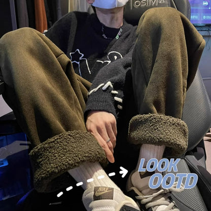 Women's Suede Thickened Straight Leg Pants Korean Style Wide Leg Autumn Winter New Student Fashion Casual Trousers