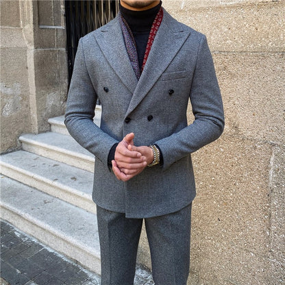 Vintage Men's Suit 2 Pieces Business Formal Casual Double Breasted Slim Fit Suits Party Wedding Dress Costume Male Suit