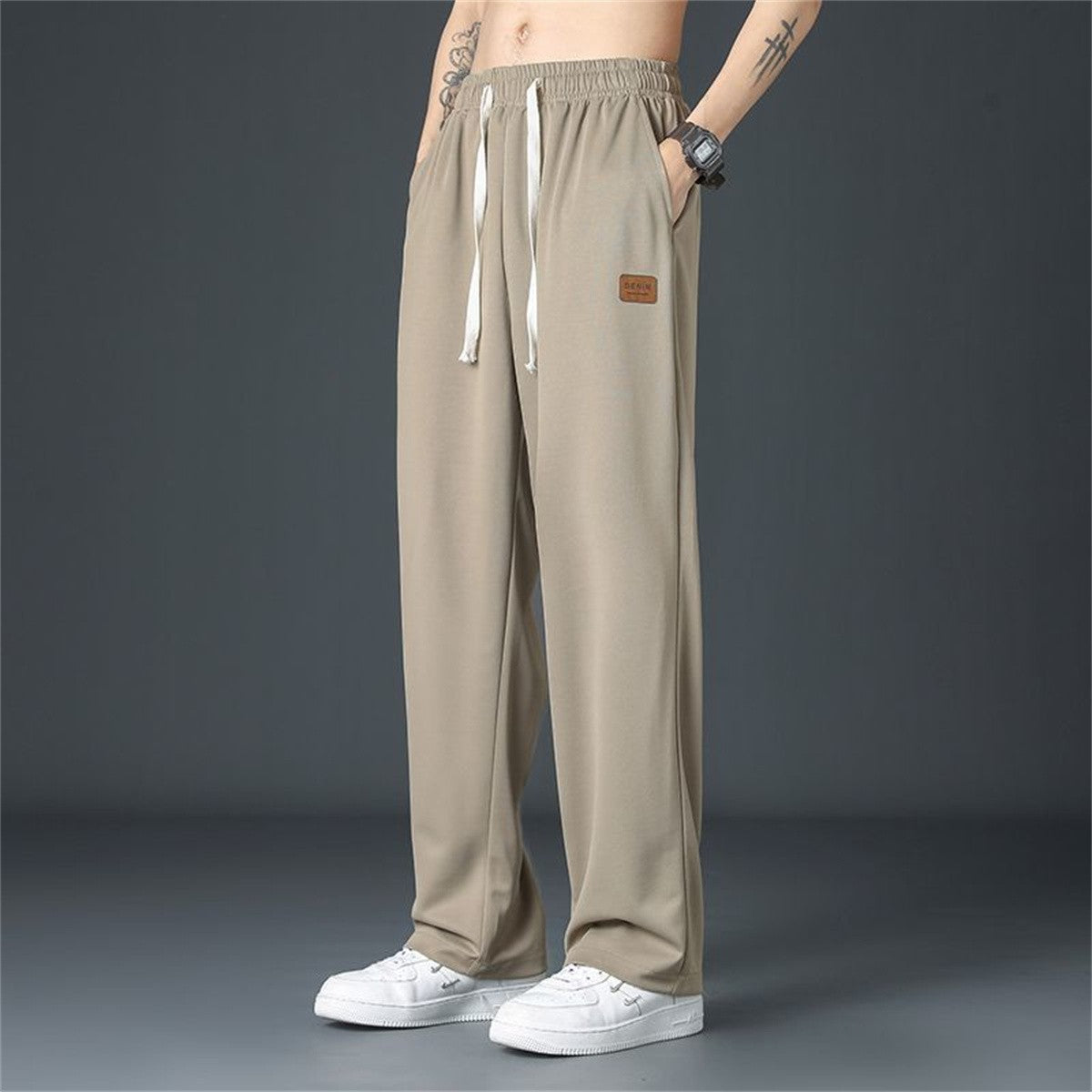 Calça Reta Preta Masculina, Calça Casual de Verão de Perna Larga Harajuku Estudantil, Calça de Rua, Moletom Cinza Descolado