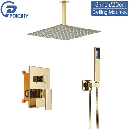Golden Shower Faucets Set 2-Ways Rainfall Shower System Wall Mounted Shower Head Bathroom Bathroom Tap Shower Mixers Concealed
