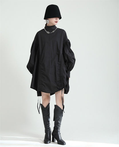 2025 Women Irregular Drawstring Big Size White Blouse New Stand Collar Long Sleeve Shirt Fashion Tide Spring Autumn