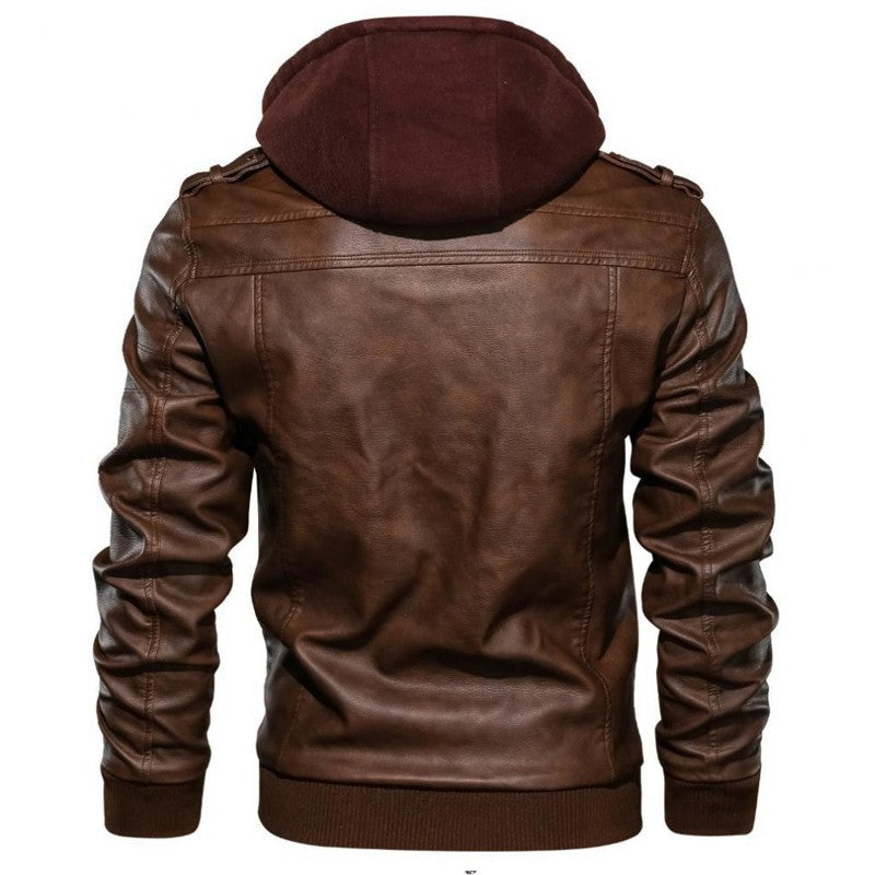 APPEARWAY Spring Antumn Men Brown Leather Motorcycle Jacket With Removable Hooded Male PU Jacket Coat EU Size High Quality