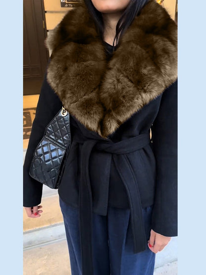 Elegant Faux Fur Lace Up Woolen Coat Women Shawl Collar Belted Waist Full Sleeve Coats Female Autumn Winter Fashion Lady Outwear