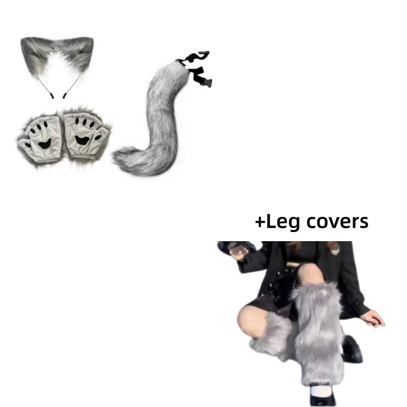 Costume Set Fox Tail Ears Gloves Artificial Fur Boot Covers Cosplay Halloween Prop Adult Women Men Unisex