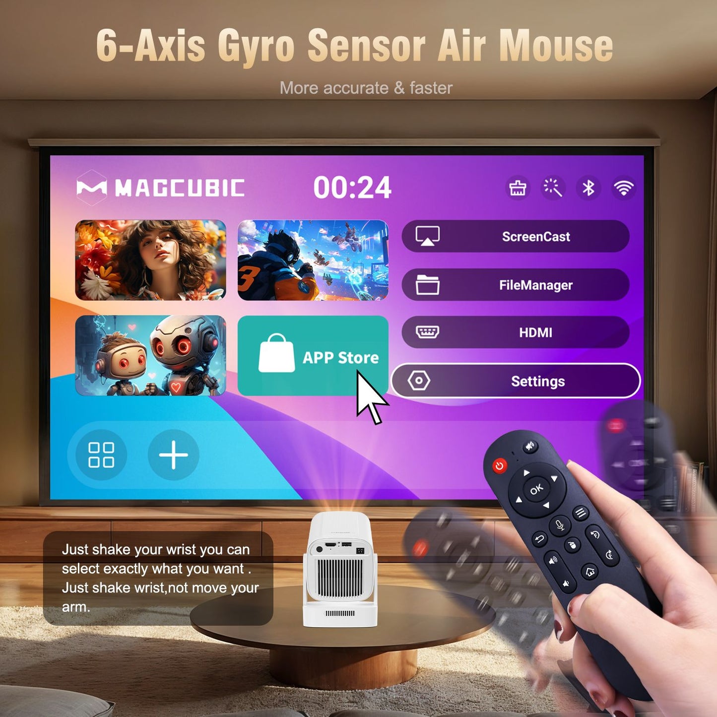 Magcubic HY310 Projetor Android 11 4K Foco Automático Nativo 1080P Nativo 330ANSI Dual Wifi BT5.4 Air Mouse Voz Filmes em Casa ao Ar Livre