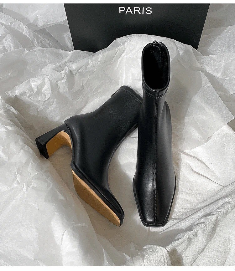 Autumn and Winter New Brown Short Boots with Velvet Coarse Heel French Ankle Boots and Back Zipper Square Head Boots