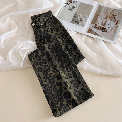 Female Retro Designer Straight Leg Jeans Pants Lady Fashion High Waist Denim Pants Women Leopard Print Baggy Trousers