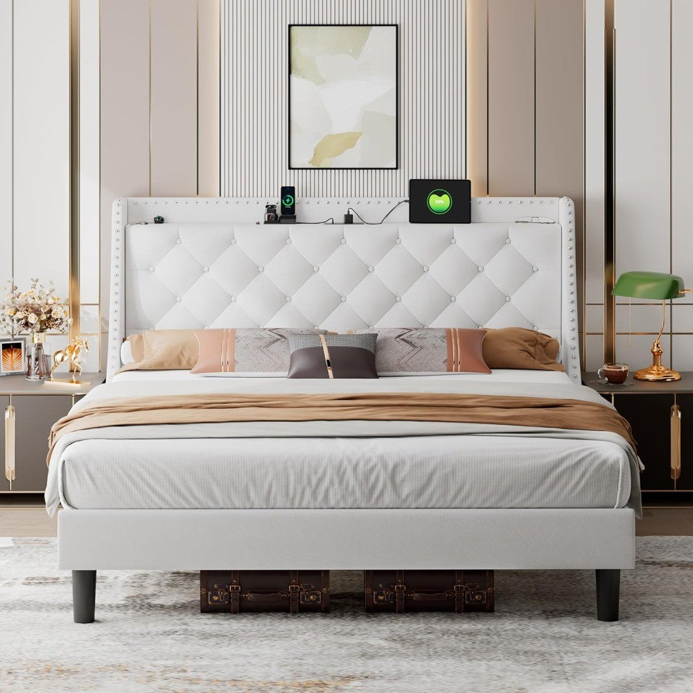 iPormis Velvet King Bed Frame with 16" Comfort Wingback & USB & Charging Station, Upholstered Platform Bed with Button Tufted St