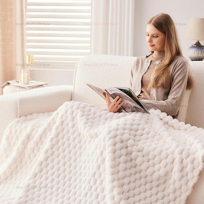 Manta de Tricô Branca Creme Felpuda Decorativa 3D Jacquard Flanela Fleece Super Macia de Pelúcia Aconchegante para Sofá Cadeira