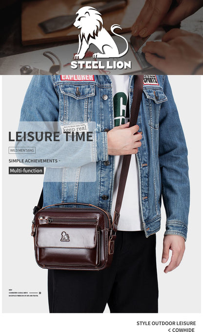 STEEL LION top layer cowhide men's single shoulder diagonal cross bag casual sports horizontal mobile phone bag genuine leather