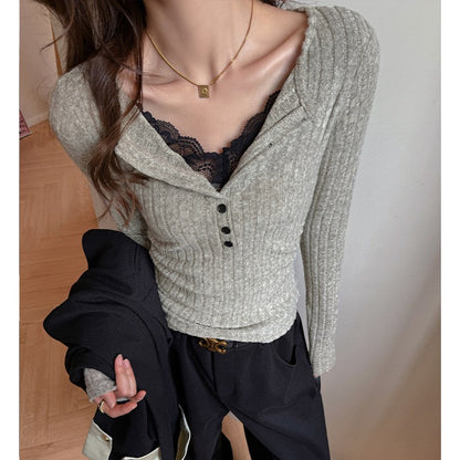 Lace Slim-fitting Bottoming Shirt Fake Two Piece Long Sleeve T-Shirt Women Chic Button Pit Striped Tops Autumn Winter Base Tees