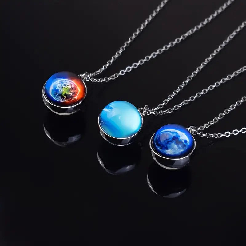 Colar com Pingente de Bola de Vidro Planeta Dupla Face Galáxia Sol Terra Lua Marte Joias