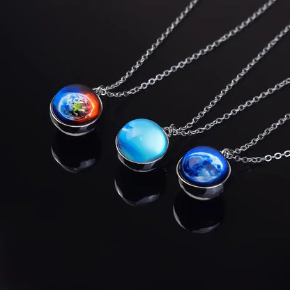 Colar com Pingente de Bola de Vidro Planeta Dupla Face Galáxia Sol Terra Lua Marte Joias
