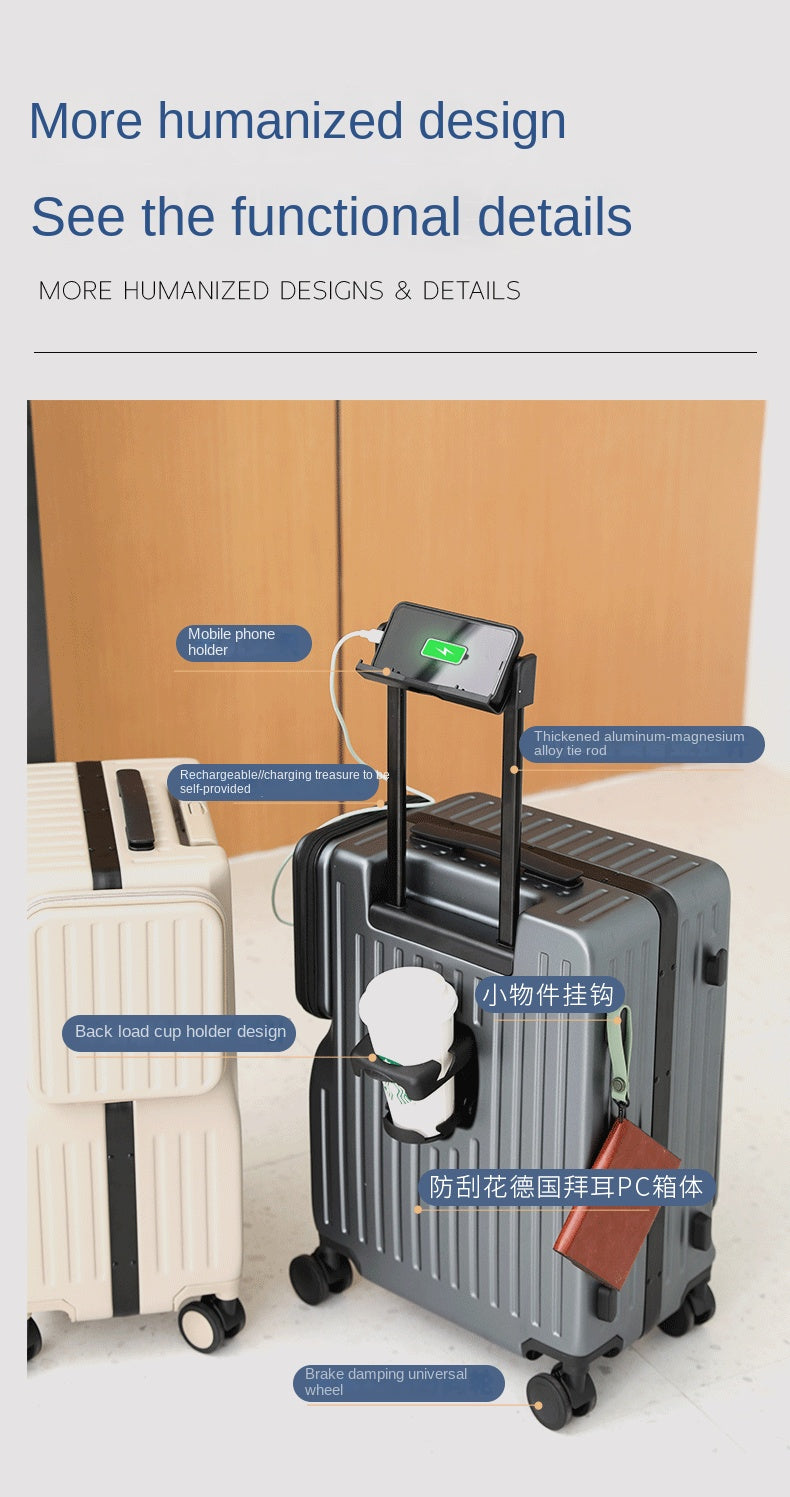 KLQDZMS Multifunctional Suitcase Front Opening Boarding Case USB Charging Trolley Case 20 Inch ABS + PC Laptop Cabin Luggage