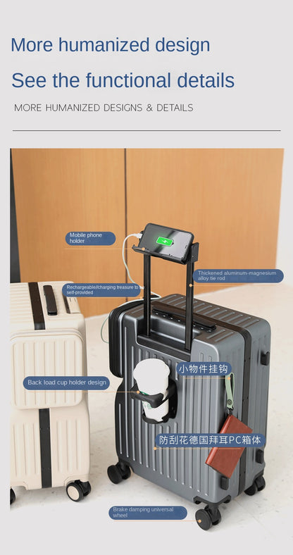 KLQDZMS Multifunctional Suitcase Front Opening Boarding Case USB Charging Trolley Case 20 Inch ABS + PC Laptop Cabin Luggage