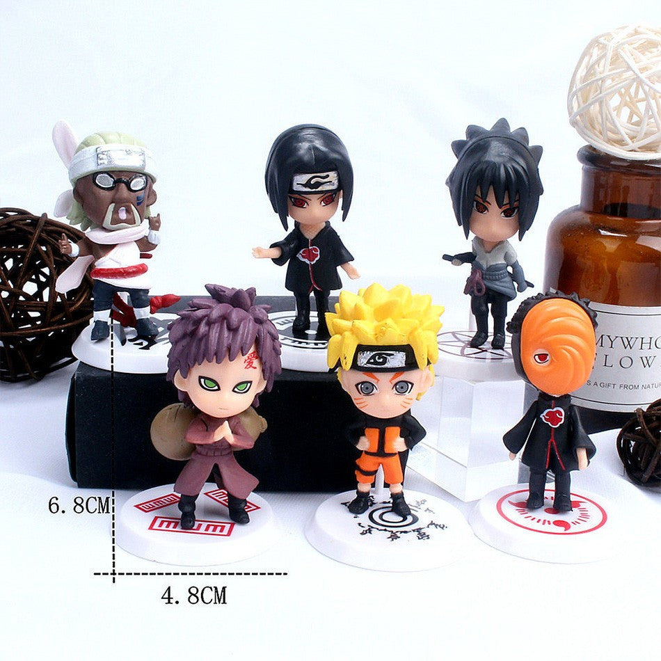 6 Unidades/Lote Versão Q NARUTO Sasuke Gaara Uchiha Madara Boneco 7-8cm 2 Estilos Base de Personalidade Mini Estatuetas Decoração Boneca Presentes