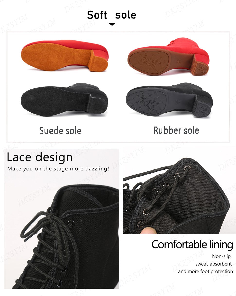 DKZSYIM New Women Ballroom Latin Dance Shoes Jazz Modern Dance Shoes Lace Up Dancing Boots Red Black Sports Dancing Sneakers