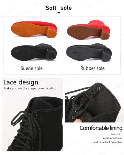 DKZSYIM New Women Ballroom Latin Dance Shoes Jazz Modern Dance Shoes Lace Up Dancing Boots Red Black Sports Dancing Sneakers