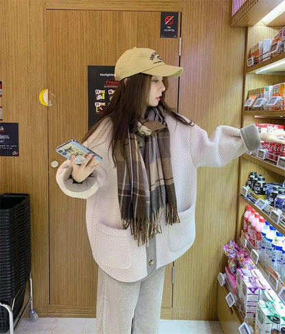 2024 Winter New Women's Lamb Wool Jacket Petite Loose-Fit Thickened Integrated Deer Skin Fleece Medium-Length Korean Style