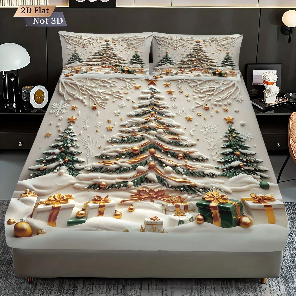 3pcs Christmas tree print coreless bed sheet set with various sizes of bed covers, bedroom bedding decorations, machine washable