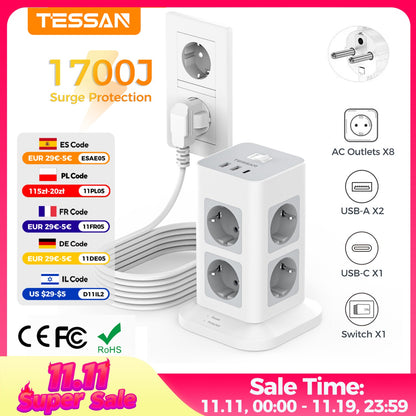 TESSAN Tower Power Strip Multi Outlets with USB A +1 Type C 2M Extension Cable EU Plug Vertical Electric Socket Surge Protection
