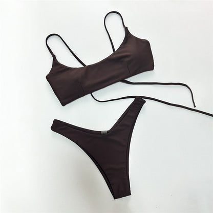 Brown Bandeau Micro Bikini Set Back String Lace-up Sexy Swimsuit Solid Swimwears Woman 2025 High Cut Bathing Suit Bikinis Femmes