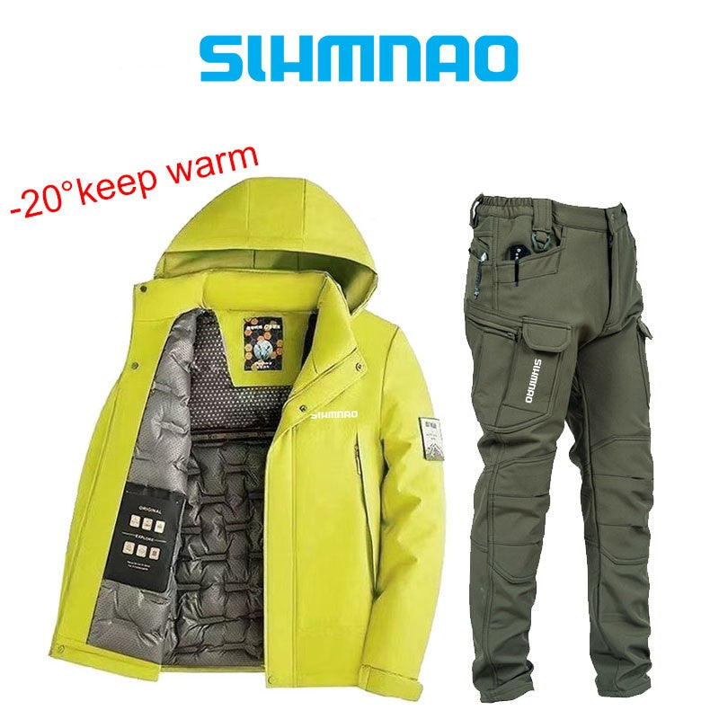 Conjunto de Terno de Pesca Masculino de Inverno 2025, Novo, Quente, Jaqueta Grossa Corta-Vento para Atividades ao Ar Livre, Calças de Algodão Quentes Resistentes ao Frio e à Neve