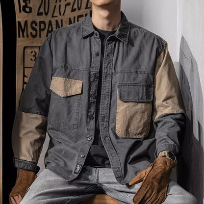 Spring and autumn new American vintage khaki loose long-sleeved shirt Japanese casual cargo shirt men's patchwork trend top