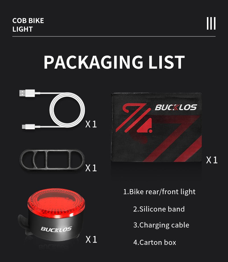 BUCKLOS COB Bike Taillights Headlight USB Rechargeable Bicycle Safety Warning Light MTB LED Front Rear Lantern Cycling Lamp Set