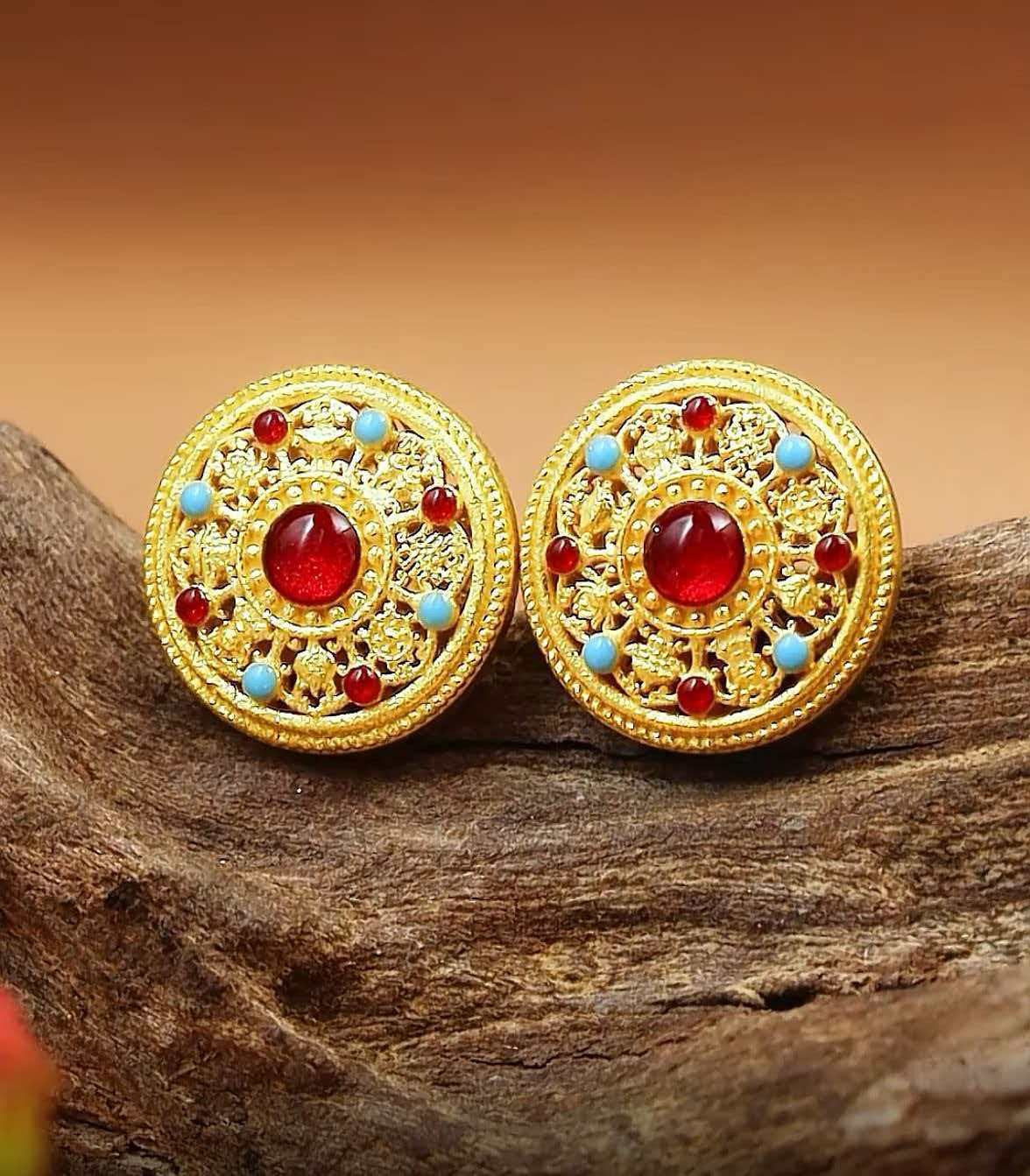 Elegant Enamel Craft Enamel Eight Treasures Compass Stud Earrings For Women 24K Gold AU999, Delicate glaze with ancient charm