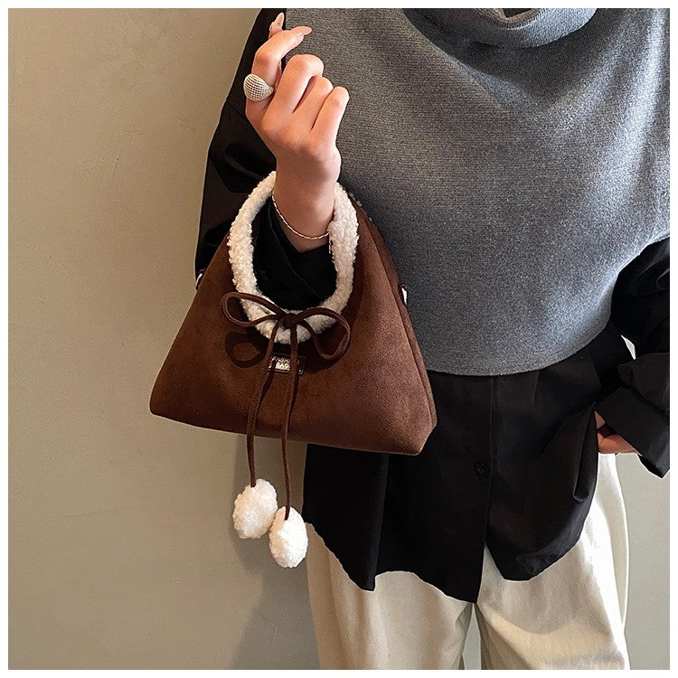 Faux Suede Solid Color Bow Hairy Cute Women's Handbags Christmas Gift Giving Fashion Bags 2025 Autumn/winter New Shoulder Bags