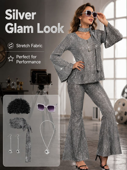 Ladies' Halloween disco party 70s disco costume set, including top, pants, sunglasses, necklace, earrings, and wig, role-playing